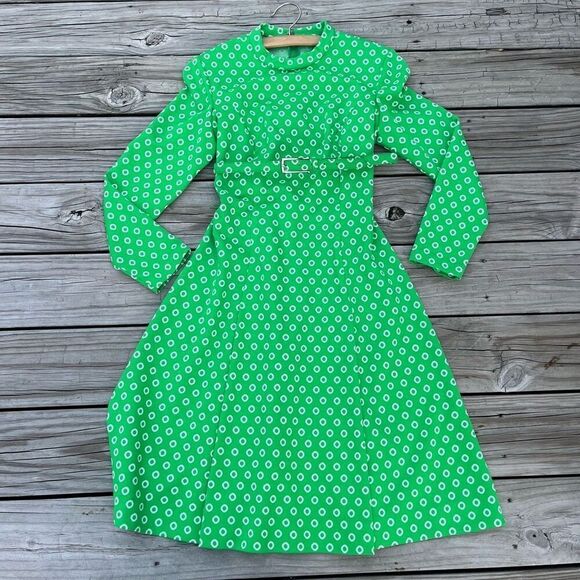 Vintage 60s De Saix Neon Green Vibrant Polka Dot Maxi Belted Dress - Picture 1 of 7
